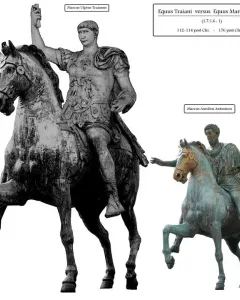 Trajan\'s Equestrian Statue showing an armored rider on a horse with one front leg raised.
