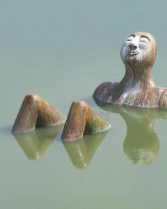 Hombre Río sculpture emerging from calm water with a peaceful face.