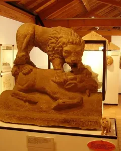 Corbridge Lion sculpture displayed on a white pedestal in a museum gallery