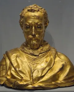 Saint Rossore Reliquary, a gold-toned bust of a bearded man with ornate hair and draped clothing.