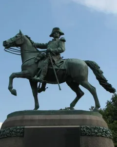 Israel Putnam Monument depicting a bronze military figure on a rearing horse atop a stone pedestal.