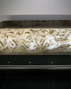 Proserpina Sarcophagus with a richly carved high-relief scene of figures, horses, and serpents