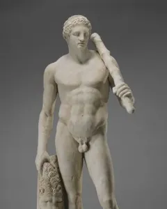 Lansdowne Heracles, a marble statue of a nude muscular man holding a club over his shoulder beside a lion skin.