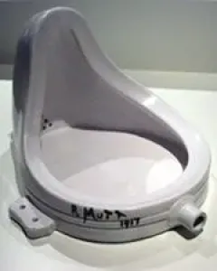 An inverted white porcelain urinal signed R. Mutt 1917 near the base.