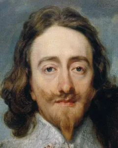 Bust of King Charles I with long wavy hair, a mustache, and a pointed goatee, wearing a lace collar.