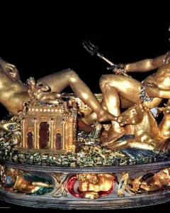 Cellini Salt Cellar with two reclining nude figures on an ornate gilded base