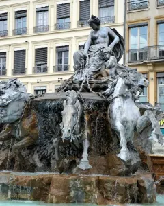 Fontaine Bartholdi fountain with a seated female figure and rearing horses in Lyon