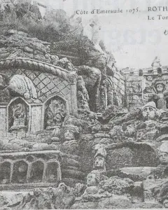 Rothéneuf Sculpted Rocks with a carved tomb-like structure and densely sculpted faces in the surrounding rock