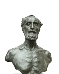 Bronze bust of Jules Dalou with a serious expression on a dark stone base.