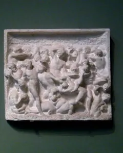 Battle of the Centaurs relief sculpture with densely carved intertwined figures in a chaotic struggle.
