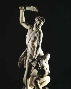 Samson Slaying a Philistine marble sculpture showing two muscular figures in a dramatic struggle, with one raising a weapon over the other.