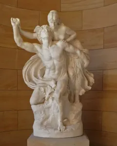 Mercury and Psyche sculpture by Reinhold Begas, showing a winged male figure and a woman beside a stone wall.