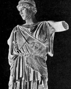 Athena Lemnia statue with draped robes, a gorgoneion on her chest, and missing arms