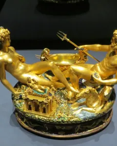 Cellini Salt Cellar with two reclining nude figures on an ornate gilded base