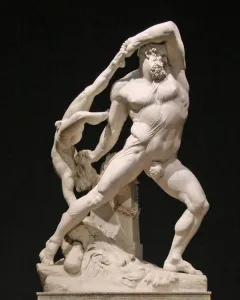 Antonio Canova’s Hercules and Lychas marble sculpture showing Hercules lifting Lychas overhead.