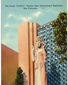 The Pacifica statue with raised hands stands beside a patterned wall and a multi-tiered building at the Golden Gate International Exposition.