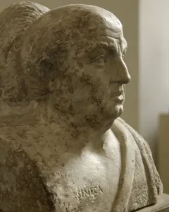 Double herm of Socrates and Seneca, with Seneca shown in profile and a second head partly visible behind him.