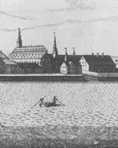 Engraving of Leda and the Swan atop a tall column above water, with swans nearby.