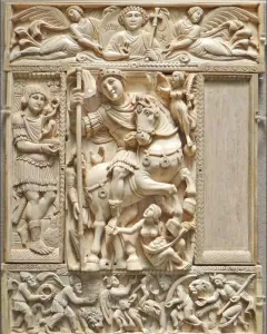 Barberini Ivory carved ivory panel with a mounted central emperor, winged figure above, and smaller surrounding scenes.