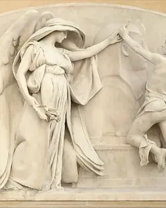 Death and the Sculptor marble relief showing a winged female figure restraining a sculptor beside a bust.