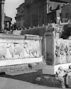 Two marble relief slabs from the Plutei of Trajan, one carved with animals and the other with robed figures.