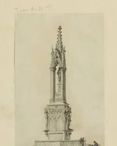 Monochrome ink sketch of the Fontaine de la Vierge, a Gothic monument with a tall ornate structure and small figures at the base.