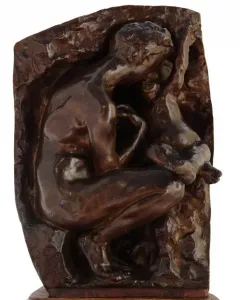 Young Mother in the Grotto by Auguste Rodin, a bronze sculpture of a crouching nude woman with a small child beside her.
