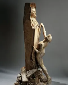 La Gloire shows a nude female figure pulling open a broken structure to reveal a bearded man inside, with fragments scattered below.