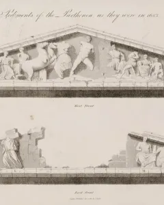 Line drawings of the Parthenon pediments, showing one largely intact pediment and one heavily damaged pediment with fragmented figures.