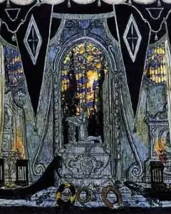 Gothic stage design for The Stone Guest with draped curtains, a glowing stained-glass archway, and ceremonial objects in the foreground.
