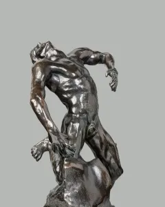 The Falling Man bronze sculpture showing a male figure arching backward on a block-like base.