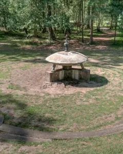 UFO Memorial concrete sculpture with a stylized flying saucer form and circular ring in a grassy clearing