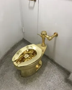 America, a gold-colored toilet with a reflective bowl and matching flush valve against a white wall.