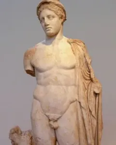 Hermes Criophorus marble statue with a ram beside his leg