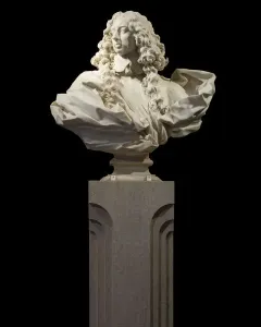 Marble bust of Francesco I d\'Este with curly hair, draped clothing, and an ornate pedestal against a black background.