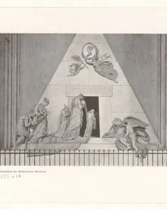 Cenotaph of Archduchess Maria Christina with a white pyramidal monument and sculpted mourners approaching a dark entrance.
