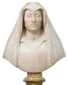 Marble bust of Camilla Barbadori with a veiled head and shoulders on a marble pedestal.