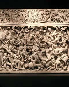 Portonaccio Sarcophagus with a crowded battle relief and carved figures on the lid