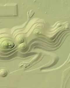 Northumberlandia seen from above as a reclining female landscape sculpture with spiral forms and flowing contours.