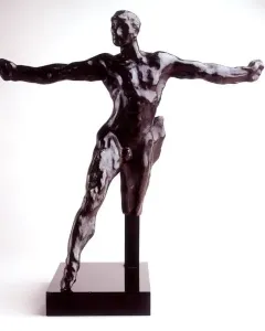 Standing Mercury, a dark bronze nude male sculpture posed with one leg lifted and both arms extended.