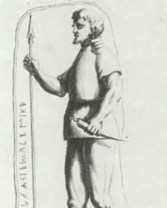 Drawing of the Stele of Avile Tite showing a bearded male figure with a spear beside an inscribed panel.