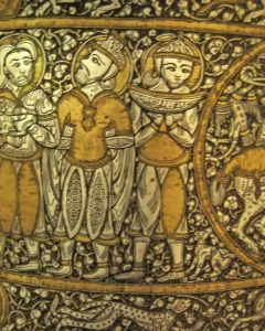 Baptistery of Saint Louis basin with a procession of standing figures and a horseman in a roundel, decorated with gold and silver inlay.