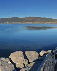 Havmannen sculpture standing in calm fjord water with its reflection visible and a bird perched on its head.