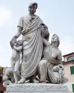 Canapone marble statue group with a standing male figure, seated woman, and two children
