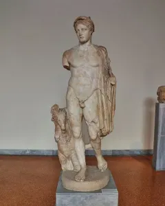 Hermes Criophorus marble statue with a ram beside his leg