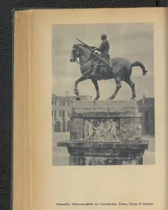Gattamelata equestrian statue of an armored rider on a horse with one front leg raised, set on a decorated stone pedestal in a city square.