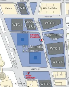 Map of the World Trade Center site showing The Sphere with red markers for its original and current locations.