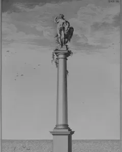 Engraving of Leda and the Swan atop a tall column above water, with swans nearby.