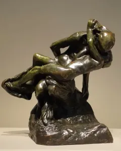 Triumphant Youth bronze sculpture with two intertwined nude figures and a raised, tilted-back pose.