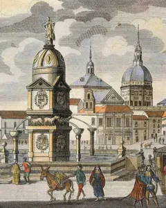 Fuente de la Abundancia in a busy Madrid square, shown as a multi-tiered stone fountain topped with a statue